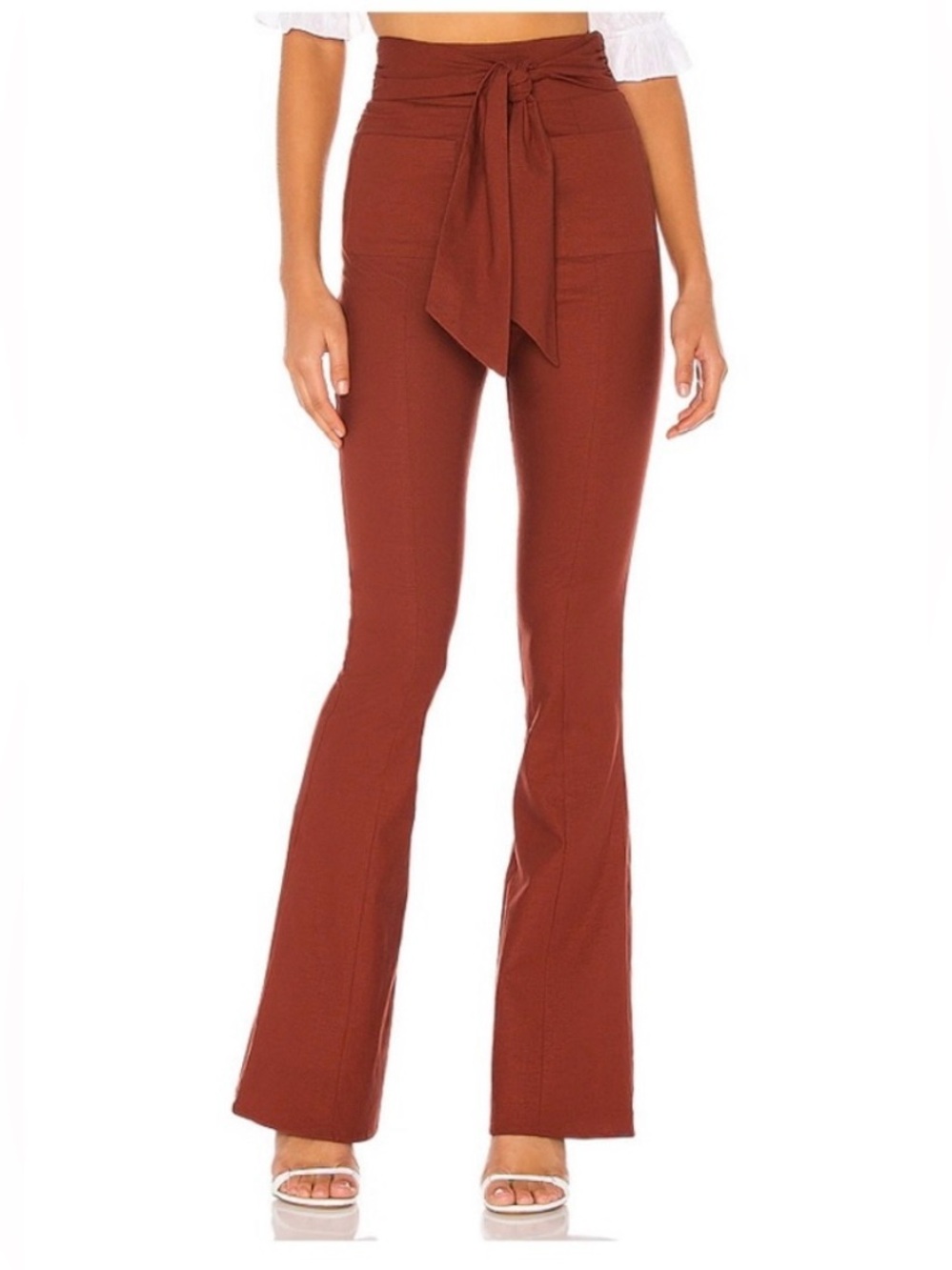 MAJORELLE High-Waist Tie Front Ameera Flare Pants - Rust Brown XS